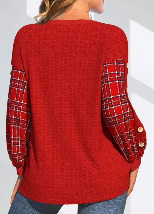 Ida | Red Knit with Checked Sleeves Sweater