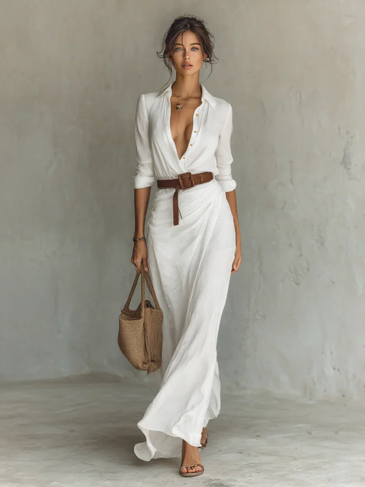 Elena | Maxi Long Dress with Lapel Collar