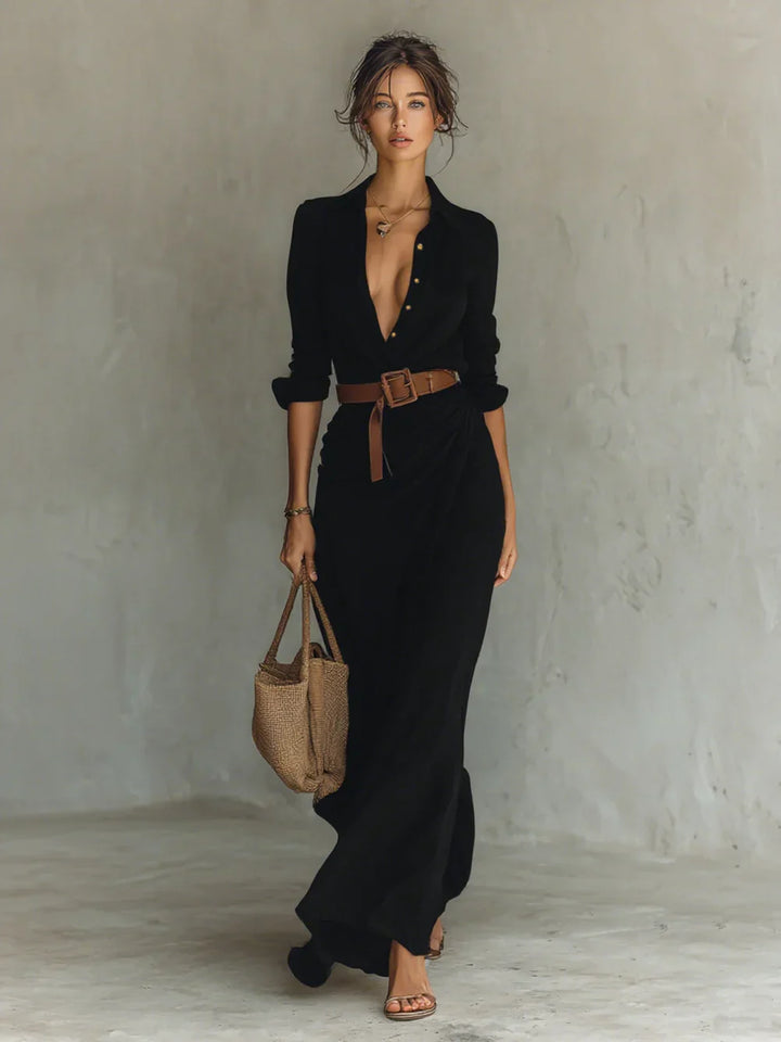 Elena | Maxi Long Dress with Lapel Collar