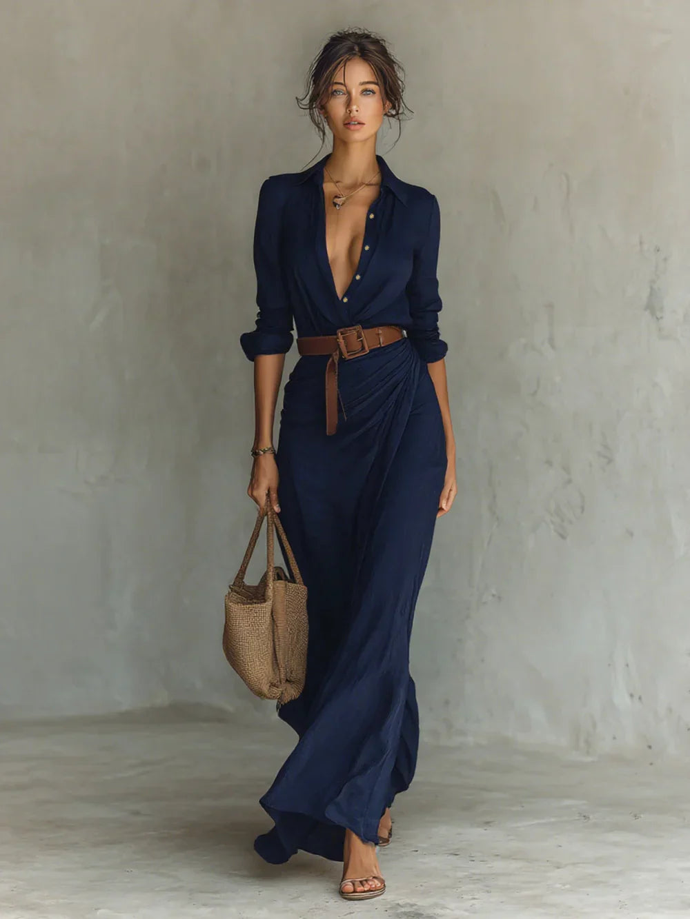 Elena | Maxi Long Dress with Lapel Collar