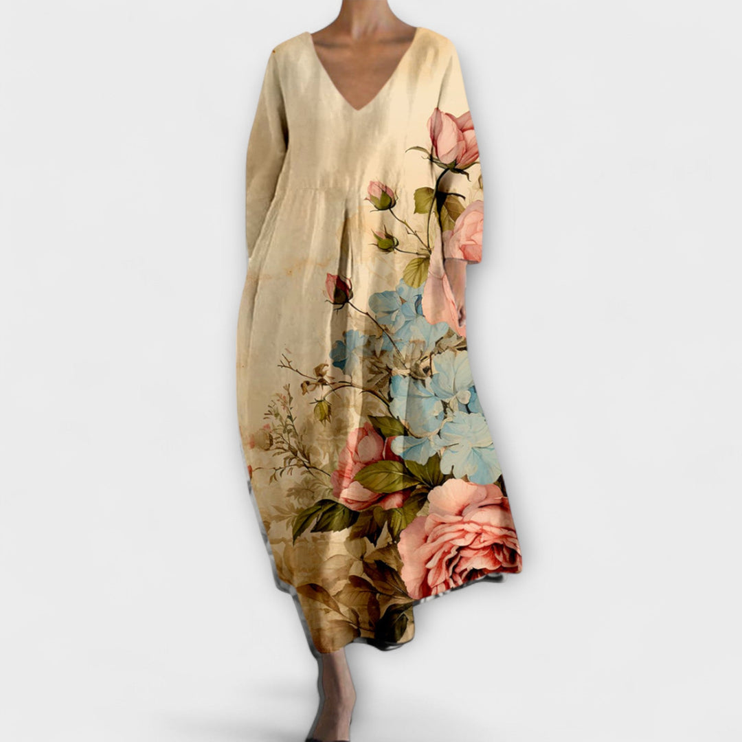 Fiona - Long, Colourful Dress with V-Neck