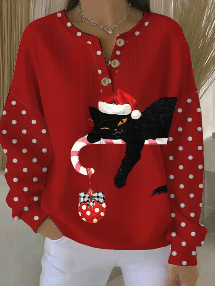 Mila | Festive Cat Henley Top