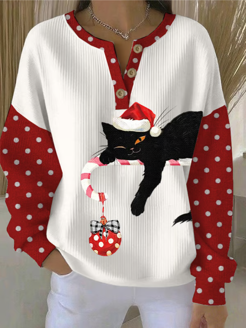 Mila | Festive Cat Henley Top