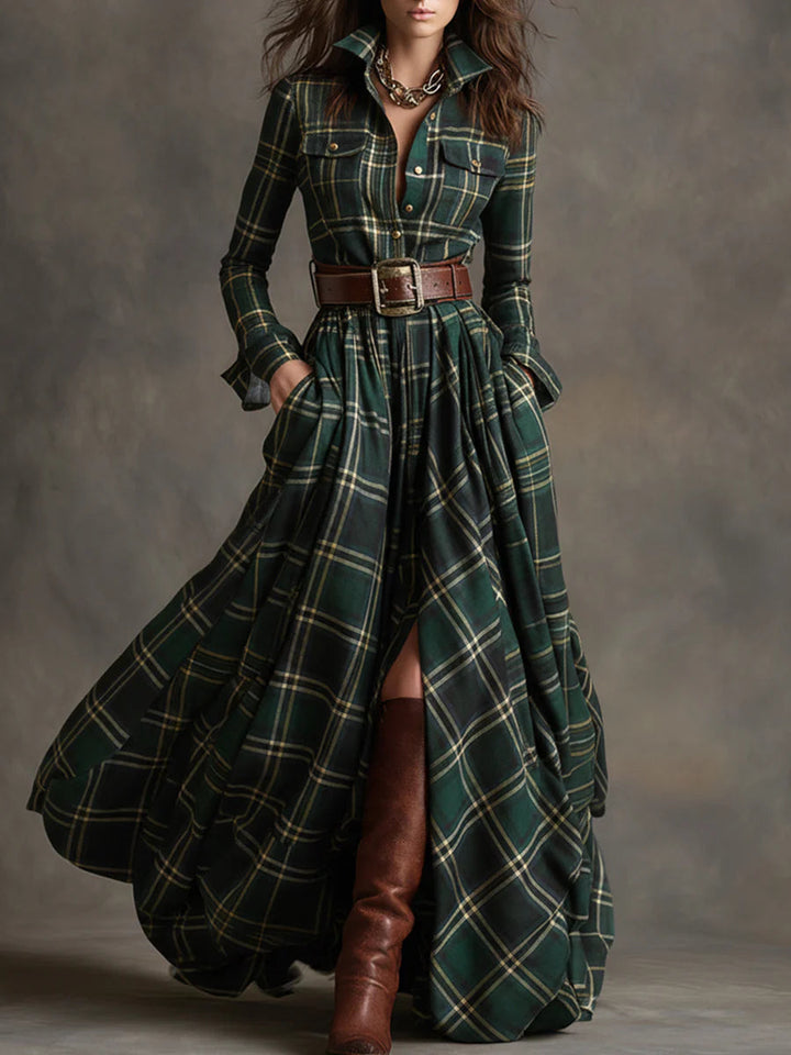 Retro lapel reddish brown plaid maxi dress
