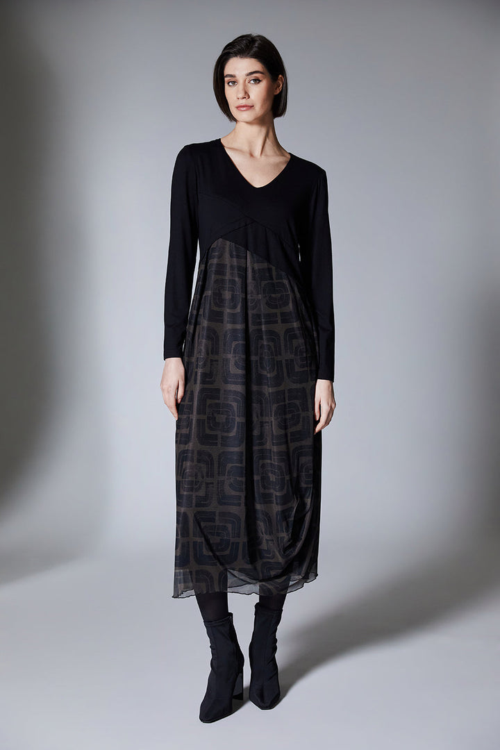 Maeve | Black Jersey & Mesh Midi Dress