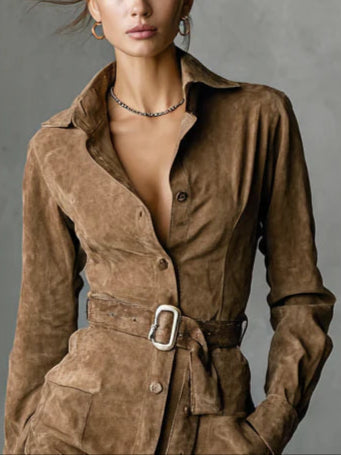 Suede Single Breasted Lapel Long Sleeve Midi Dress (Includes belt)