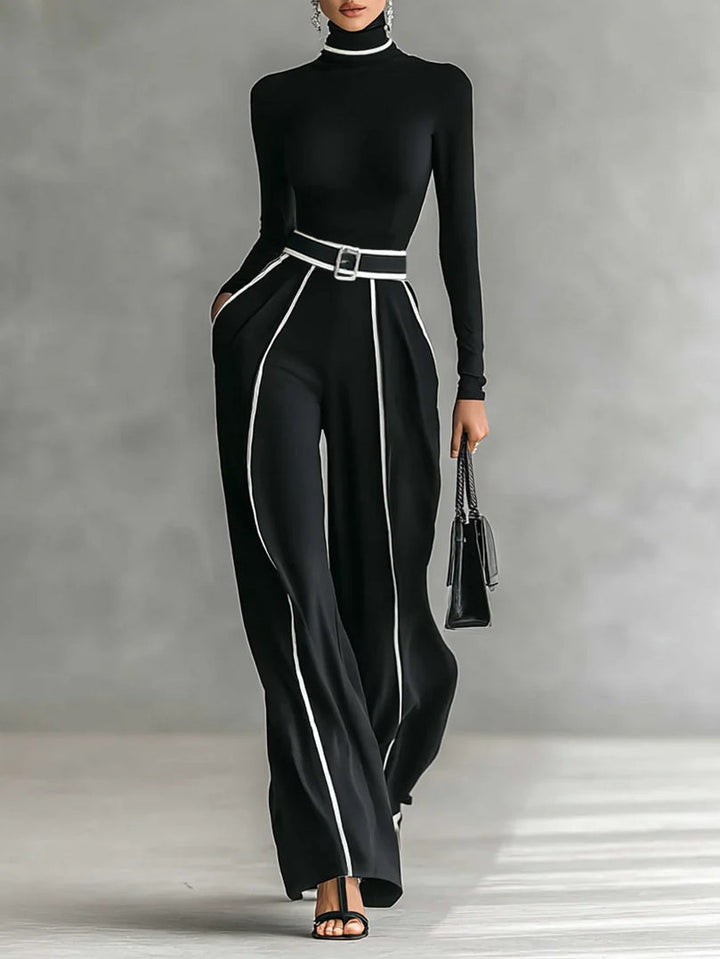 White Trim High-neck Long-sleeved Top With Wide-leg Trousers and Belt Set