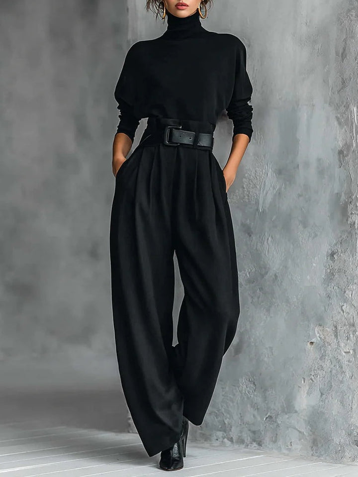 All-black Turtleneck Long-sleeved T-shirt and Straight-leg Trousers Two-piece Set (including Belt)