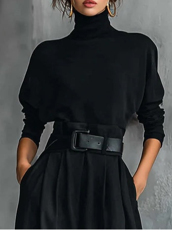 All-black Turtleneck Long-sleeved T-shirt and Straight-leg Trousers Two-piece Set (including Belt)