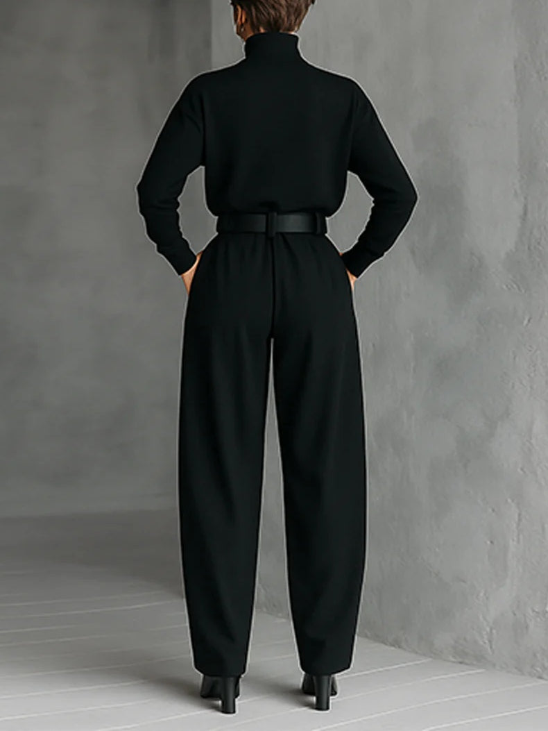 All-black Turtleneck Long-sleeved T-shirt and Straight-leg Trousers Two-piece Set (including Belt)