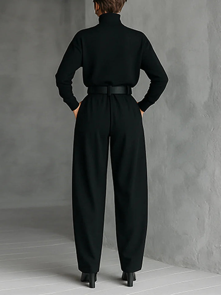 All-black Turtleneck Long-sleeved T-shirt and Straight-leg Trousers Two-piece Set (including Belt)