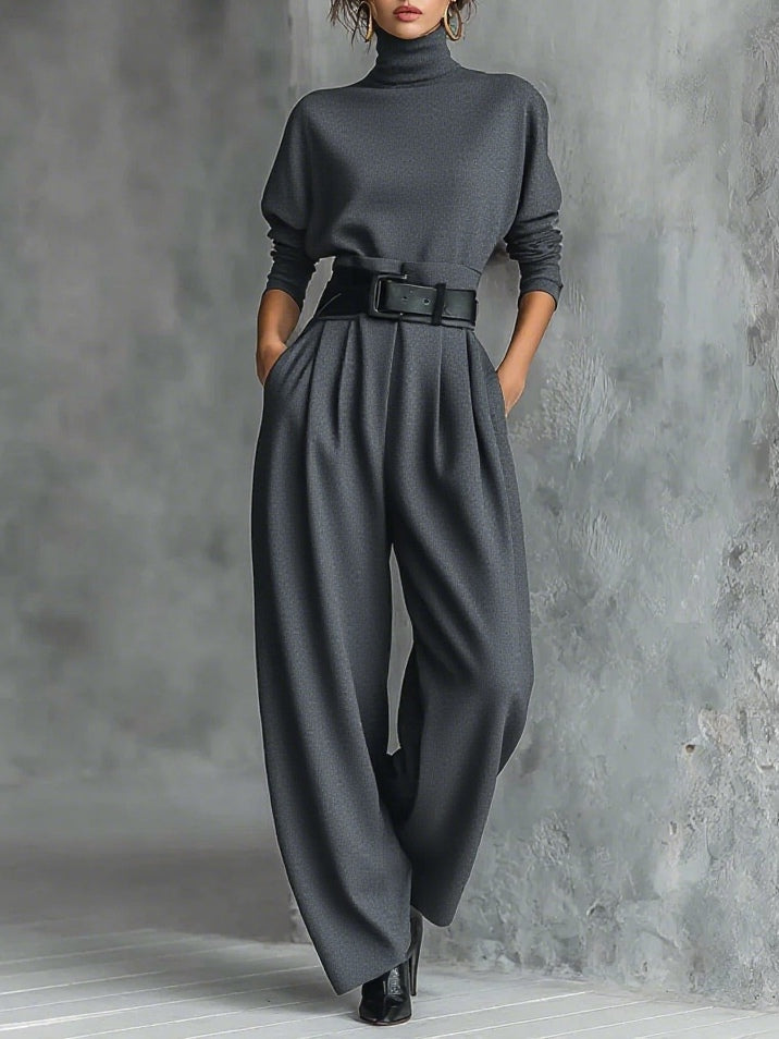 All-black Turtleneck Long-sleeved T-shirt and Straight-leg Trousers Two-piece Set (including Belt)