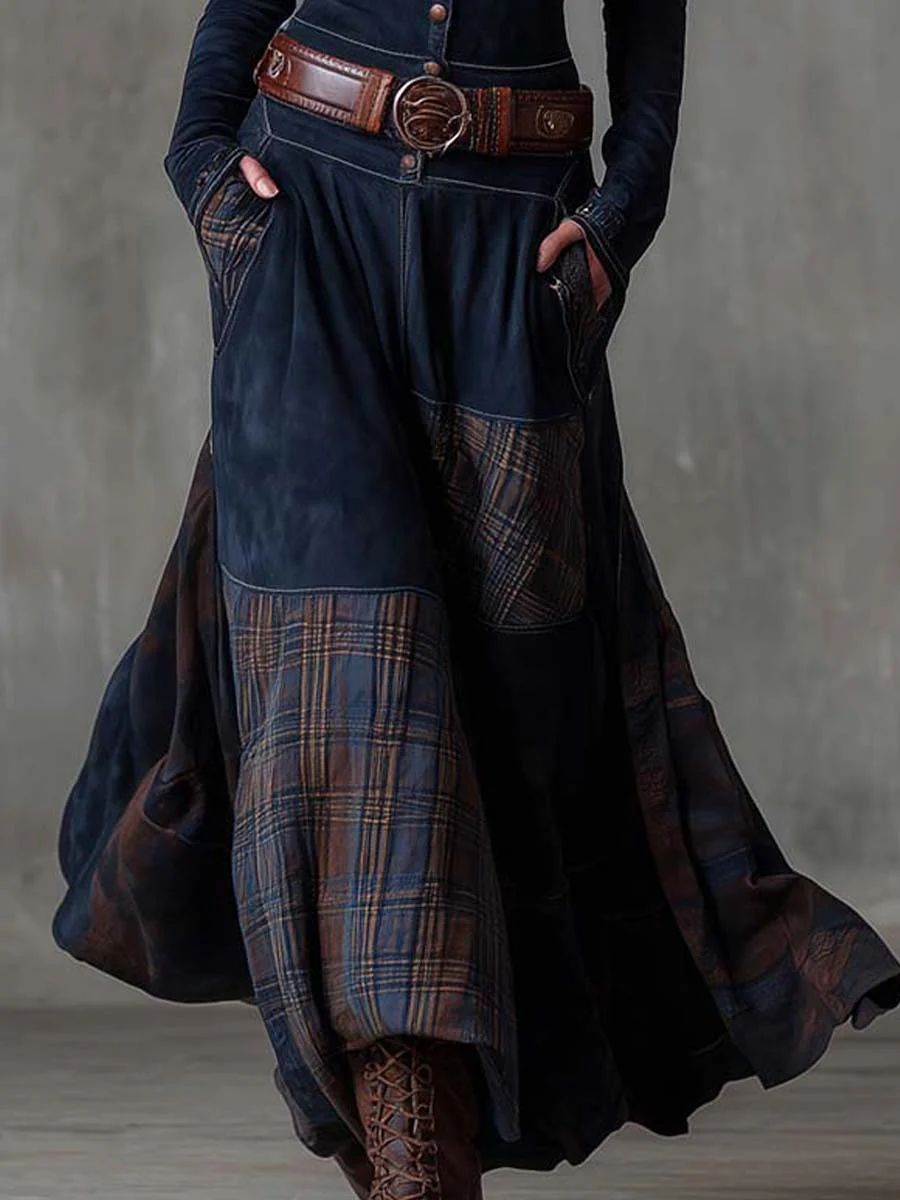 Navy Plaid Paneled Vintage Suede Maxi Dress (with belt)