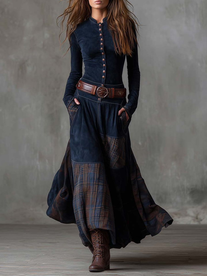 Navy Plaid Paneled Vintage Suede Maxi Dress (with belt)