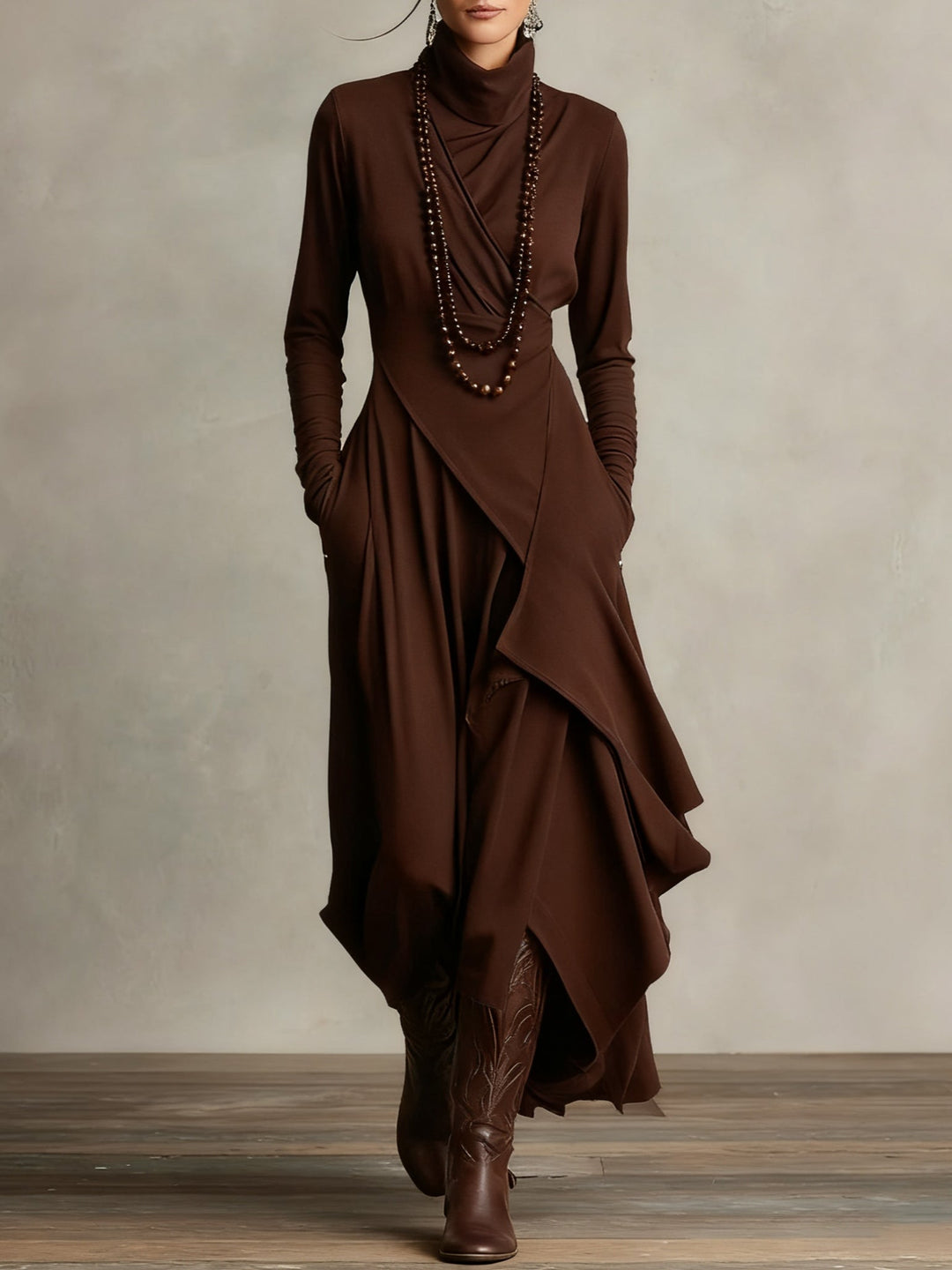 Purple High-neck Asymmetrical Pleated Maxi Dress (Necklace not included)