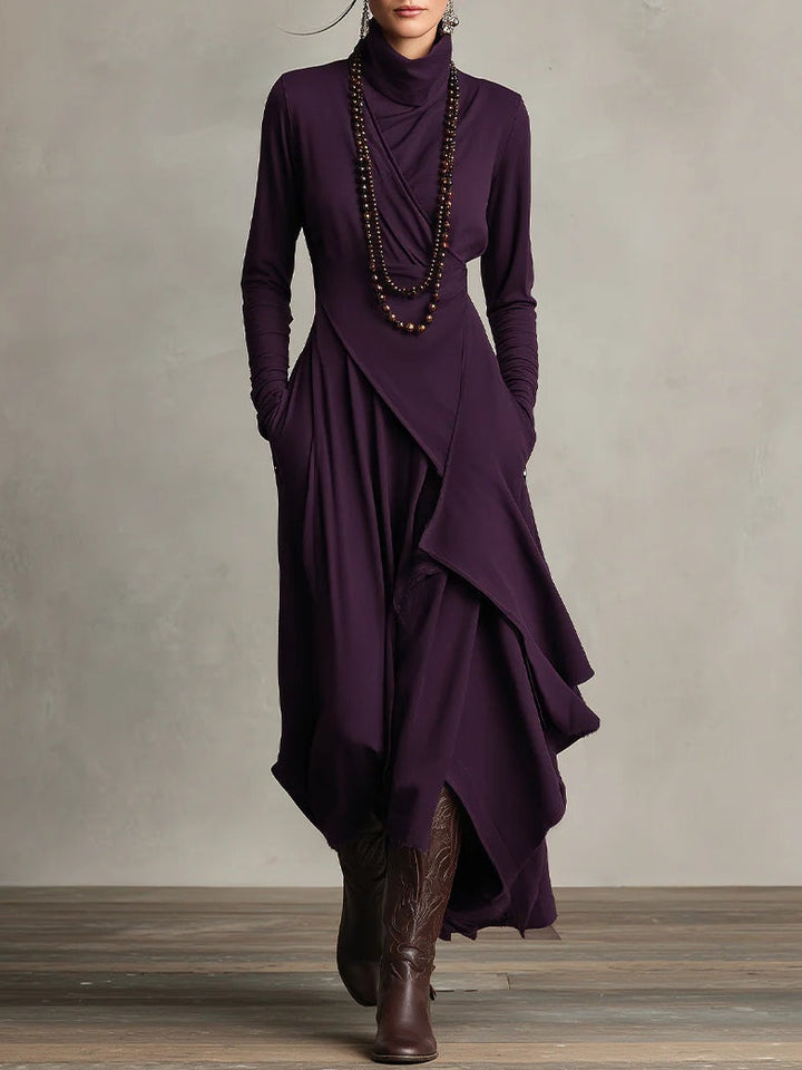 Purple High-neck Asymmetrical Pleated Maxi Dress (Necklace not included)