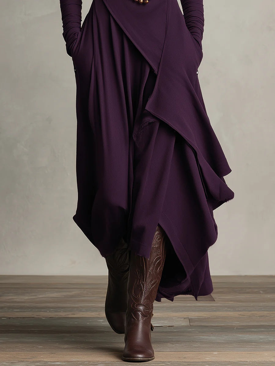 Purple High-neck Asymmetrical Pleated Maxi Dress (Necklace not included)