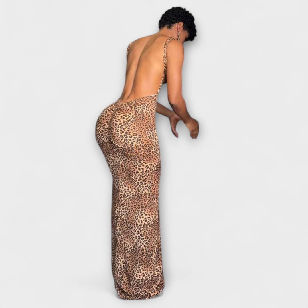 Della - Maxi Dress with Leopard Print and Open Back