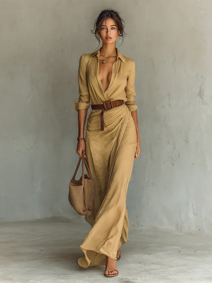 Elena | Maxi Long Dress with Lapel Collar