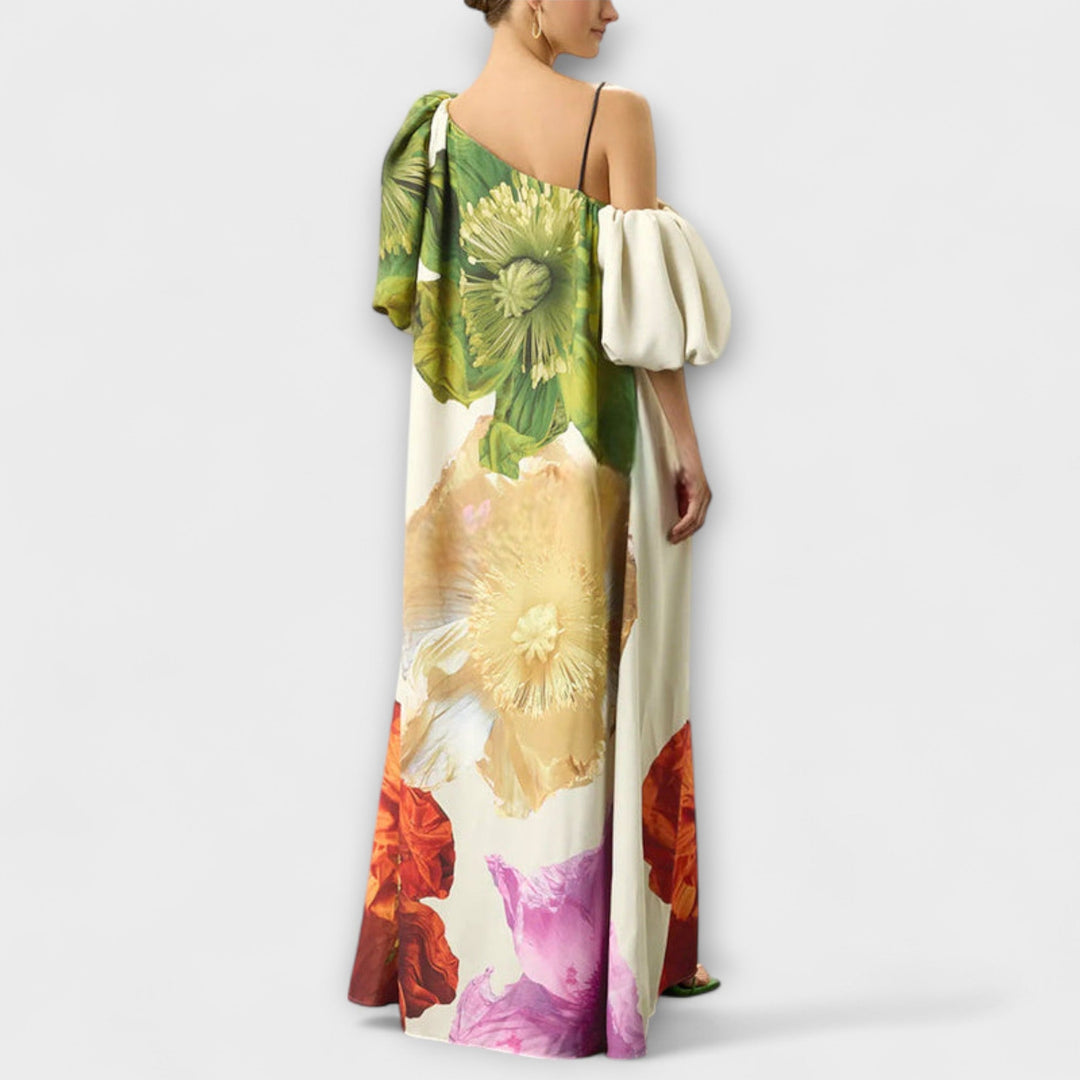 Skylar - Maxi Dress with Floral Print, Asymmetrical Neckline, and Puff Sleeves
