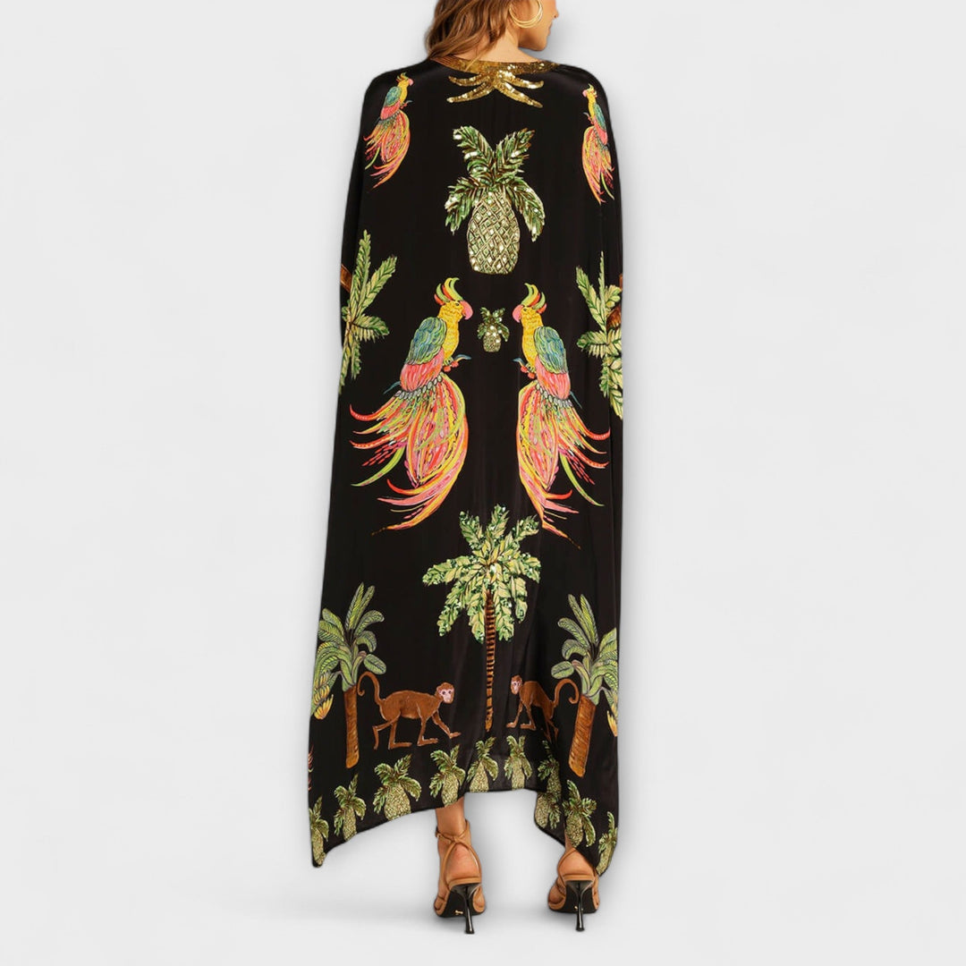 Linda - Eye-catching Dress with Asymmetrical Shoulders and Coconut Tree Print