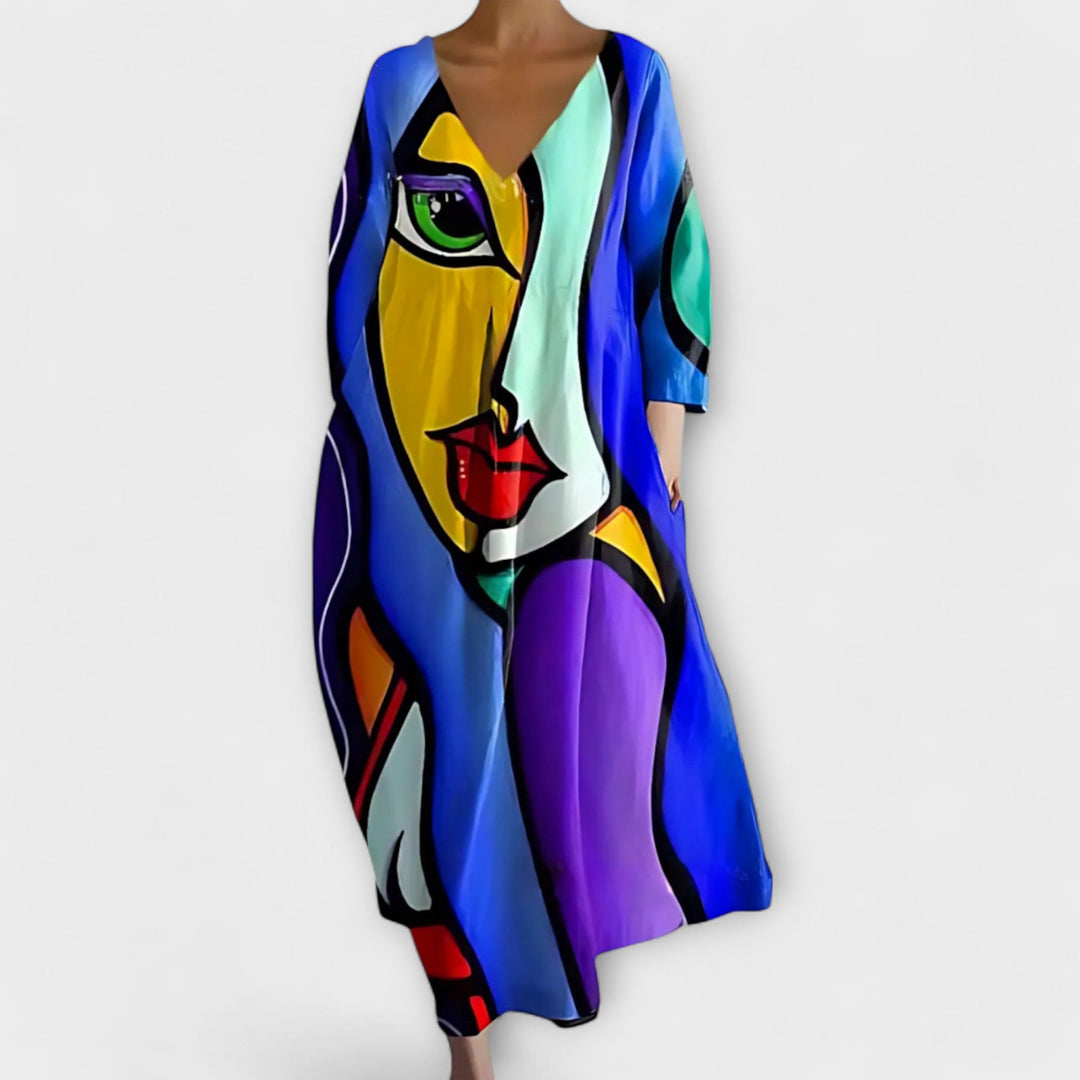 Fiona - Long, Colourful Dress with V-Neck